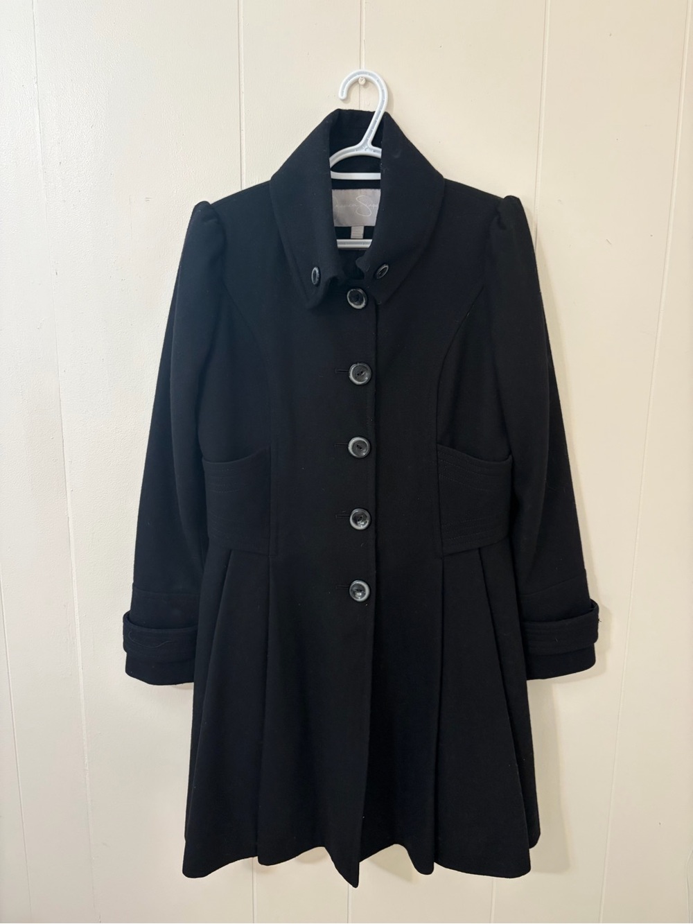 Jessica Simpson Black Wool-Blend Button Front Dress Coat- Medium